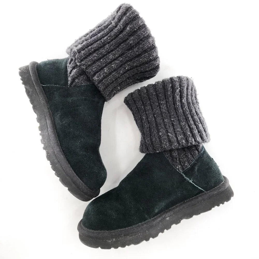 UGG Knit Cuff Suede Pull On Boot Black‎ Ankle Tall Knee-High